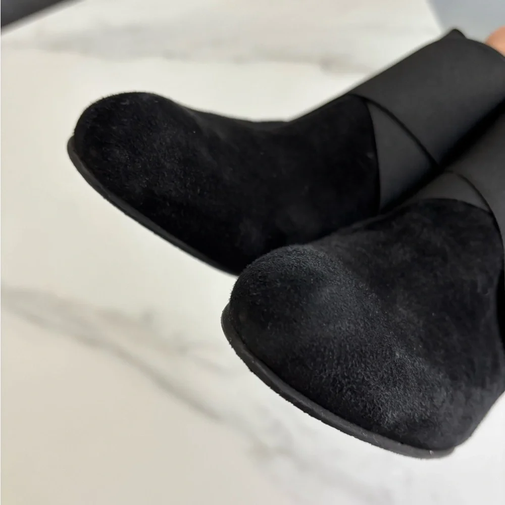 Stuart Weitzman black suede wedge booties with elastic straps size 8